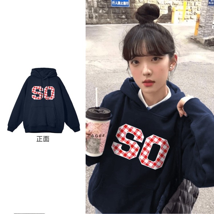 拉夏贝尔国潮小众格子字母印花卫衣韩版百搭套头连帽衫上衣女q