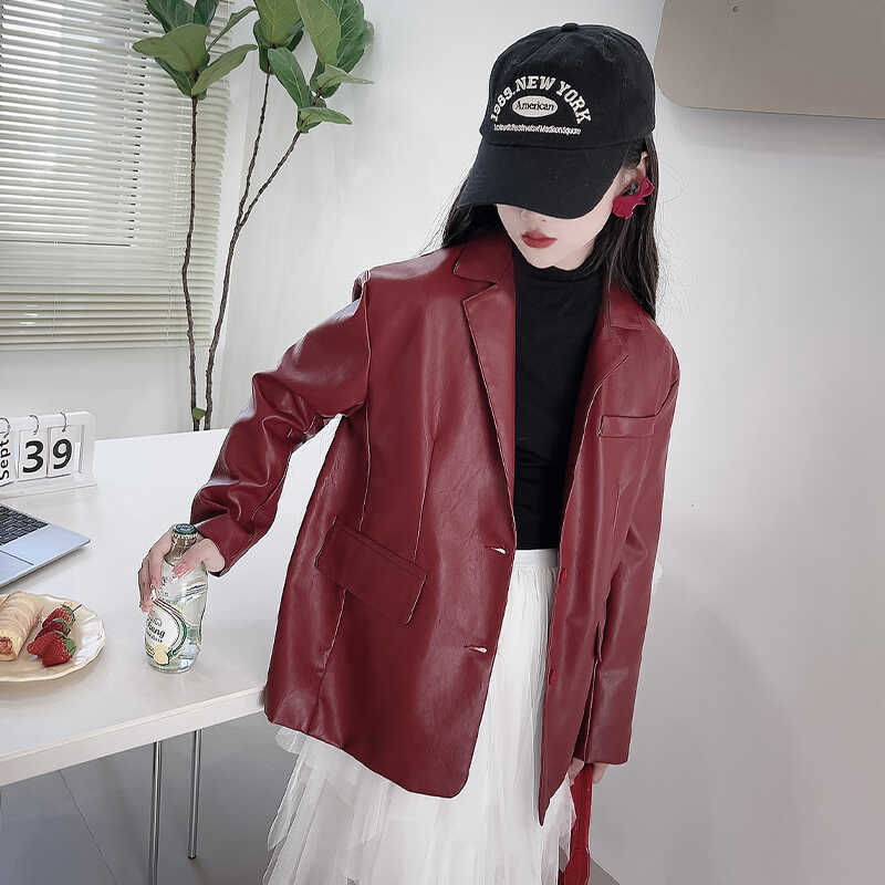 女童皮衣西装秋装2025新款洋气休闲网红时髦女孩春秋PU皮夹克西服