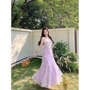 别致甜美显瘦A字裙长裙 宅女度假风紫色钩花网纱连衣裙女夏季