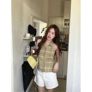 性感露背显瘦减龄上衣 宅女甜辣妹POLO领格子无袖 衬衫 女装 夏季