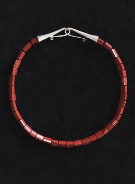 2024手工串珠天然青金石蓝玛瑙红纹石项链长方方块颈链轻奢小众设