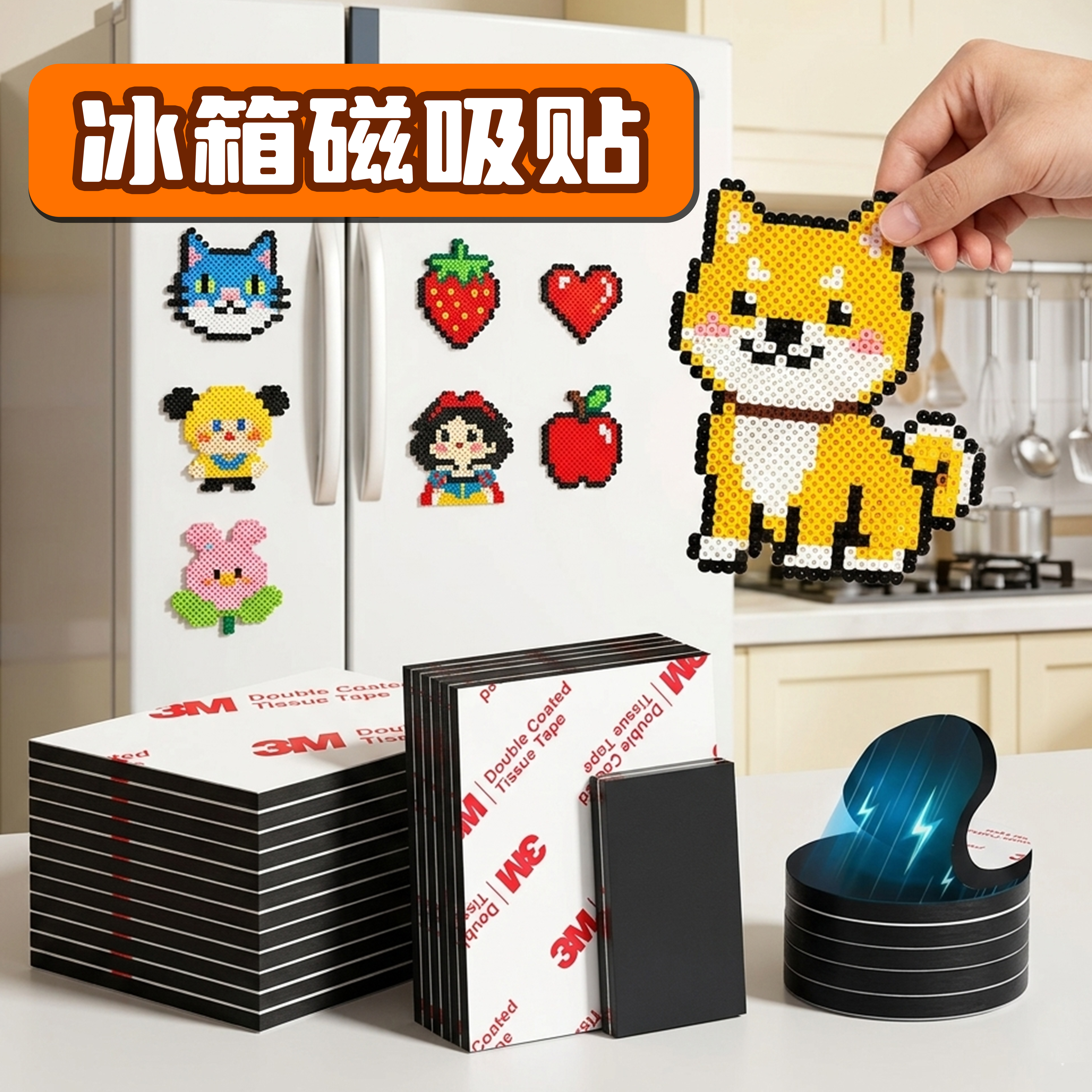 3m冰箱磁吸贴片磁性贴黑板教具A4软磁贴磁力贴磁铁手工diy拼豆