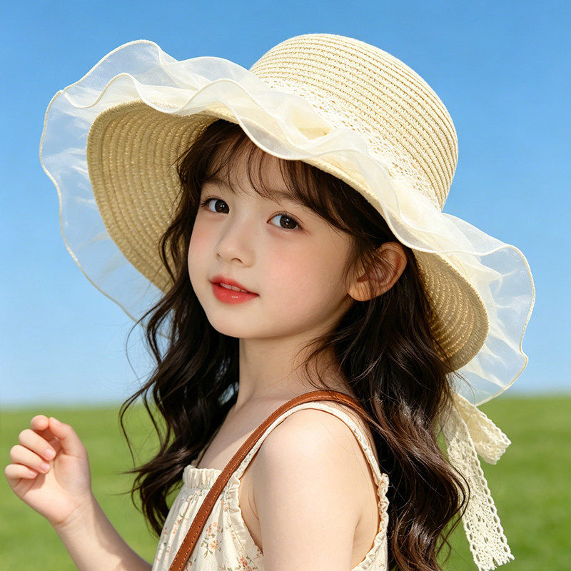 儿童防晒帽女童夏季2026新款户外出游女孩草帽海边沙滩帽遮阳帽子图片