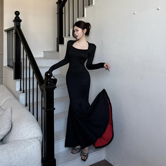 GirlsAt18 法式黑色长袖连衣裙女秋冬性感气质收腰包臀鱼尾裙长裙