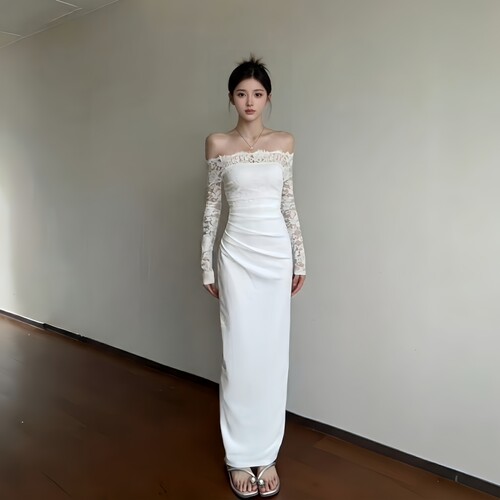 性感一字肩蕾丝白色长袖礼服裙