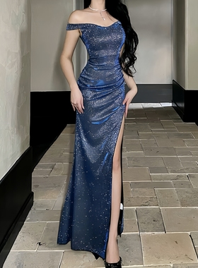 GirlsAt18 高级蓝色闪闪一字肩连衣裙女生日宴会礼服性感开叉长裙