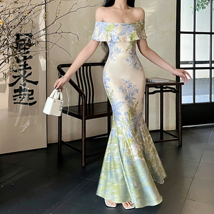 性感一字肩抹胸连衣裙女海边度假鱼尾裙子收腰礼服长裙 GirlsAt18