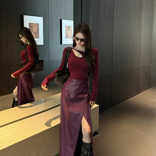 秋季御姐镂空上衣修身皮裙两件套