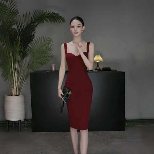 法式红色吊带修身礼服连衣裙