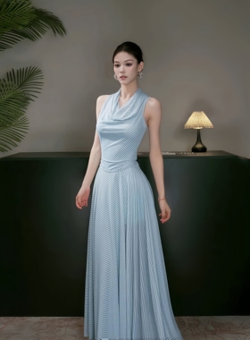 GirlsAt18 蓝色条纹挂脖连衣裙女夏季海边度假网纱气质收腰长裙