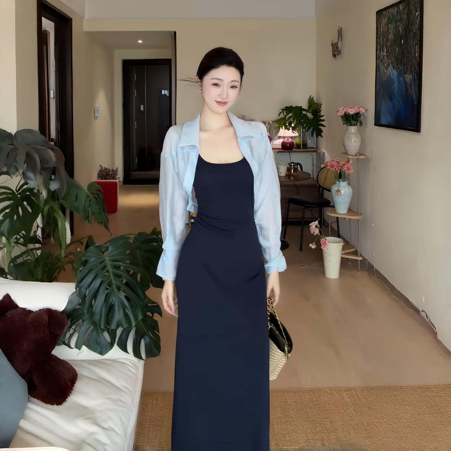 GirlsAt18 韩系松弛感气质吊带连衣裙套装蓝色短款衬衫长裙两件套图片