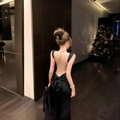 高级修身 GirlsAt18 性感黑色蝴蝶结露背吊带连衣裙女夏季 礼服长裙