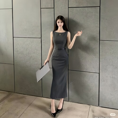 GirlsAt18 灰色无袖背心连衣裙女夏季职场穿搭裙子气质修身长裙