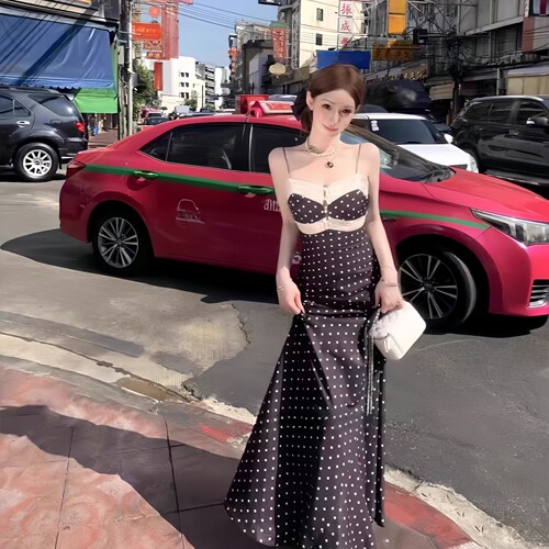 GirlsAt18 法式复古波点吊带连衣裙女蕾丝拼接修身长裙高级感气质