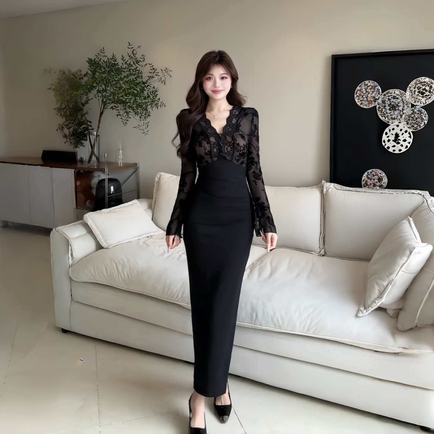 GirlsAt18 性感蕾丝拼接长袖连衣裙女秋季高级感气质修身礼服长裙
