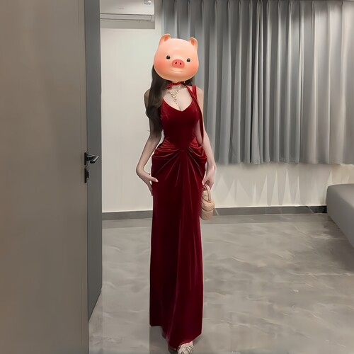 GirlsAt18 酒红色丝绒吊带连衣裙女生日宴会礼服裙子性感收腰长裙