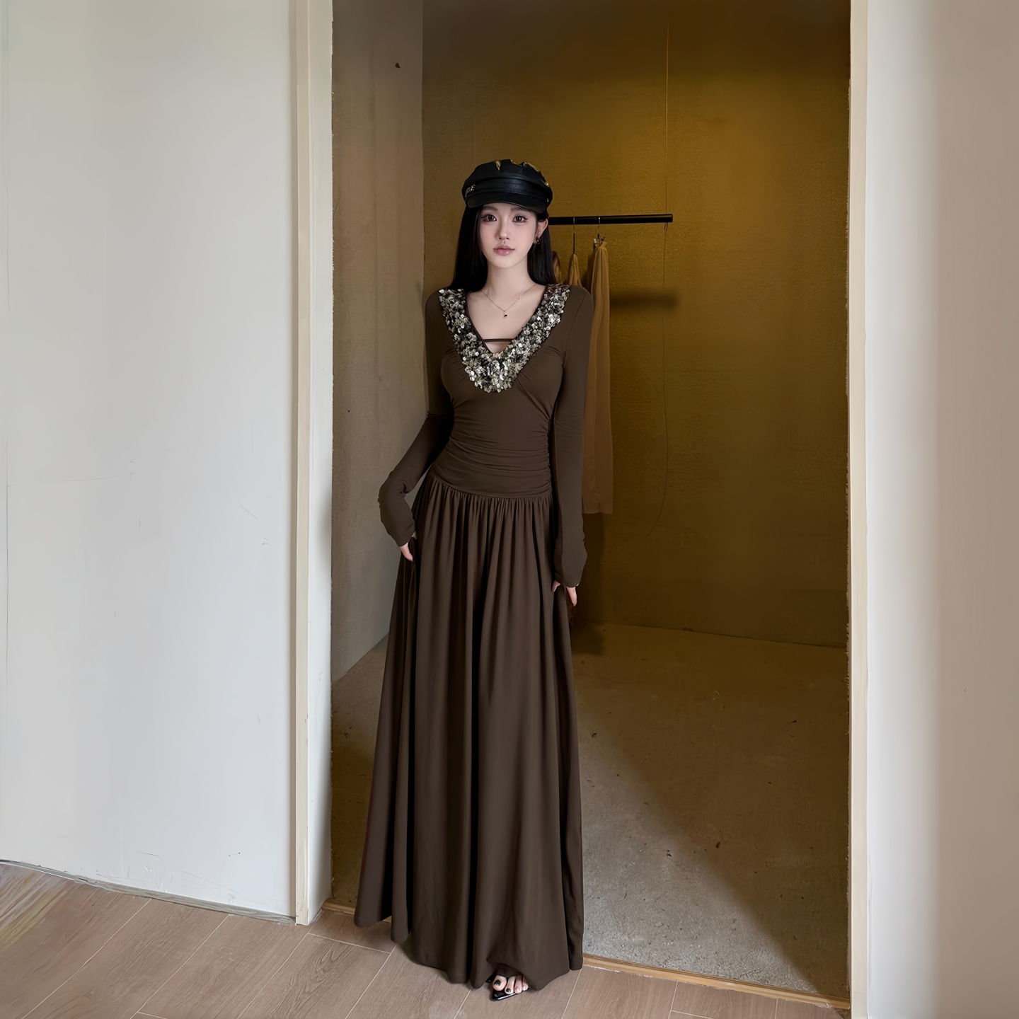 法式亮片V领长袖连衣裙礼服长裙