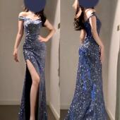 GirlsAt18 高级蓝色闪闪一字肩连衣裙女生日宴会礼服性感开叉长裙