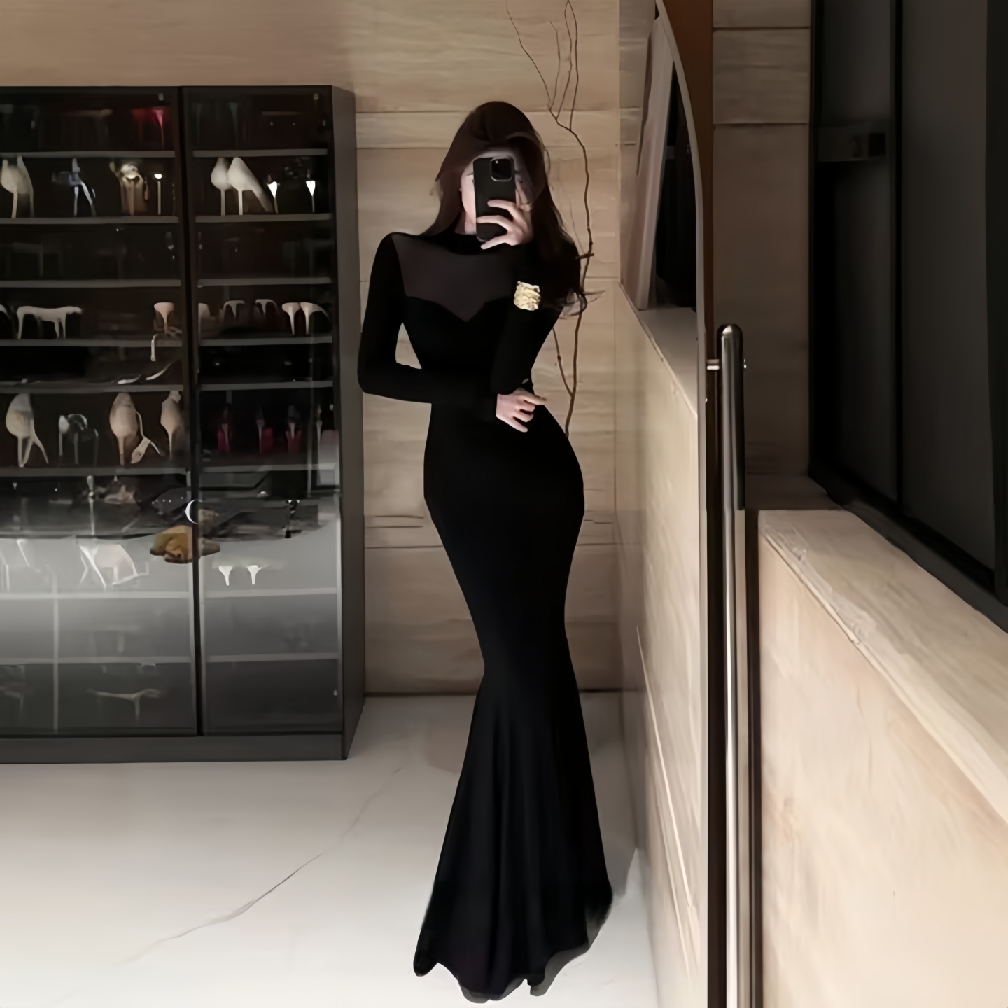 GirlsAt18 性感网纱长袖连衣裙女秋冬高级修身礼服裙气质鱼尾长裙