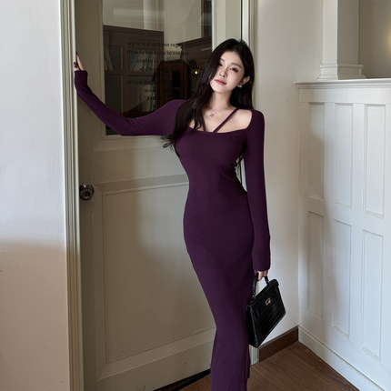 GirlsAt18 性感紫色长袖针织连衣裙女冬季气质裙子修身包臀裙长裙