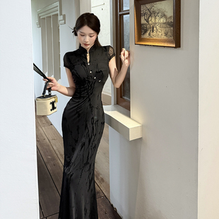 高级性感修身 提花旗袍连衣裙女夏季 礼服长裙 黑色新中式 GirlsAt18
