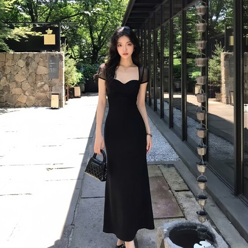 GirlsAt18 法式黑色网纱方领连衣裙女夏季高级感气质收腰显瘦长裙
