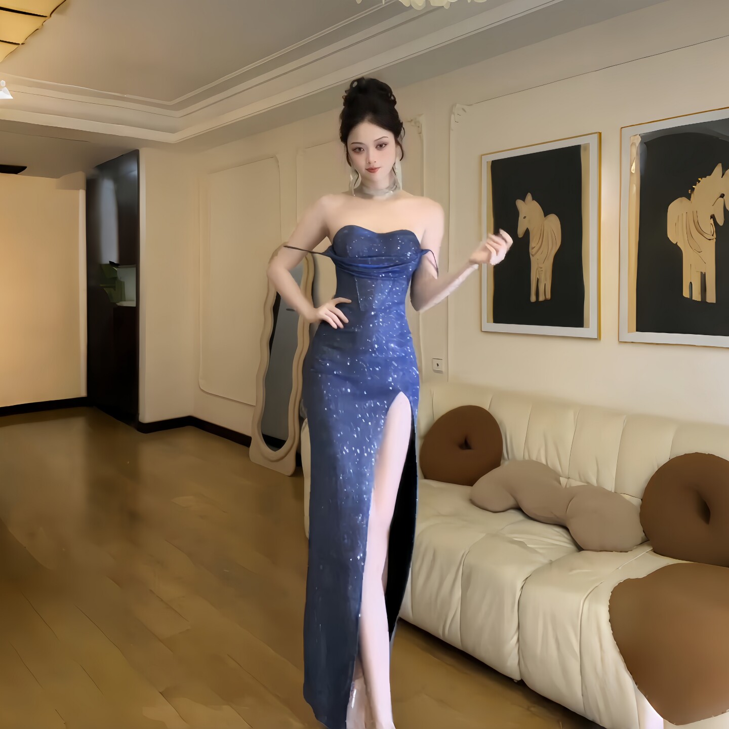GirlsAt18 蓝色闪闪吊带连衣裙女生日宴会成人礼礼服性感开叉长裙图片