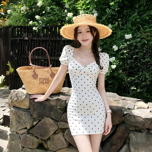 夏季法式复古白色波点收腰连衣裙