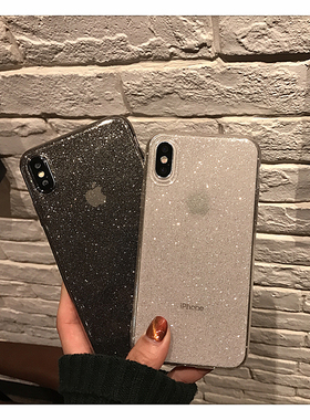 透明黑色闪粉适用12/11pro手机壳苹果X/Xs/XR直边超薄防摔iPhone7p/8p硅胶软壳12mini镜头全包保护套简约潮女