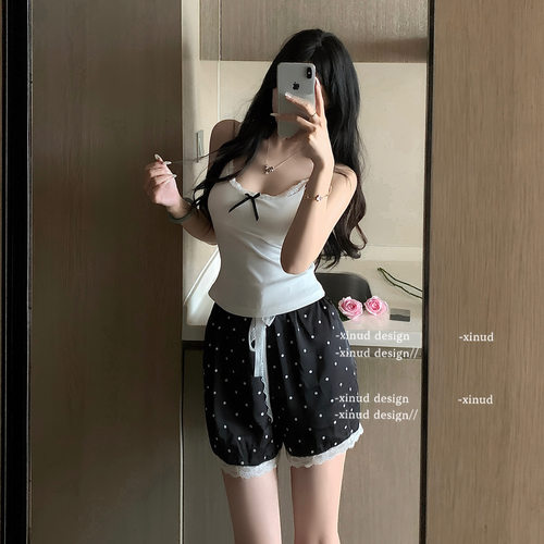 「LA」欲牌甜心*带胸垫辣妹纯欲风吊带蕾丝拼接蝴蝶结螺纹背心女