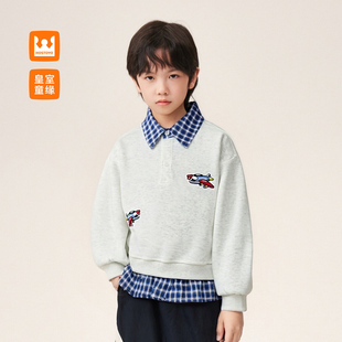 皇室童缘男童假两件翻领卫衣春秋季 儿童套头上衣中大童 2025新款
