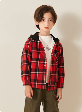 皇室童缘童装儿童加绒衬衫秋冬季男孩格子衬衣保暖男童连帽衫红色
