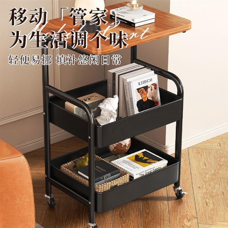 中古风小推车零食置物架复古客厅茶几边柜带轮茶桌多层移动小桌子