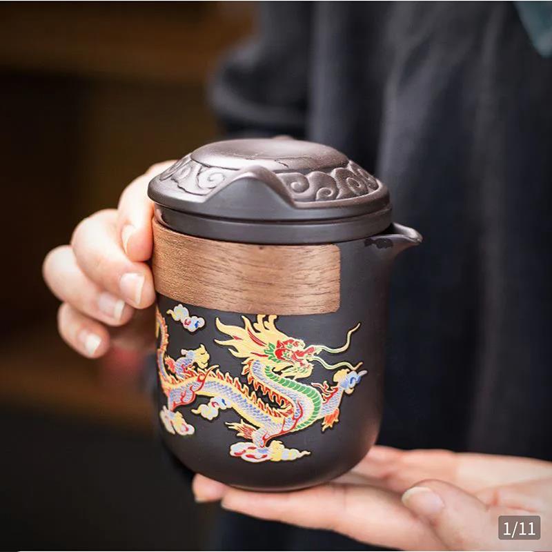 南屏紫砂壶专卖店龙凤呈祥遇热水变色一体分茶器旅行功夫茶具套装