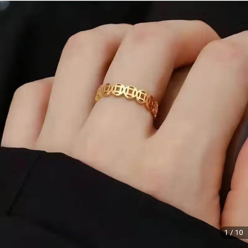 如是惠选招财铜钱戒指男女2025新款18K钛合金色钱多多镂空钱币戒