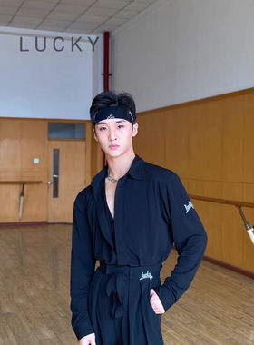 lucky036男士衬衫黑色排扣长袖舞蹈练功服百搭宽松表演服