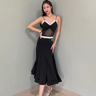 LR057摩登黑色性感网纱花纹网格珍珠花边仙女摩登裙小众高级