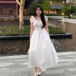 茶歇蕾丝泡泡短袖 法式 收腰显瘦连衣裙 告白春日 大小姐微胖大码