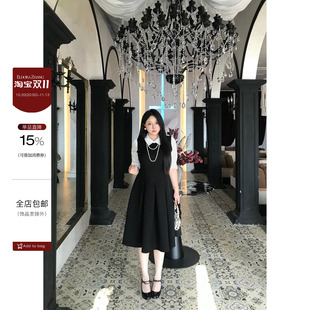 大小姐“千本樱特调”法式赫本风微胖收腰假两件中袖连衣裙中长款