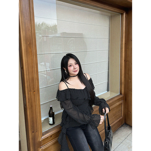 衬衫 黑色波点一字肩荷叶边长袖 上衣女 珍妮日记 大小姐微胖大码