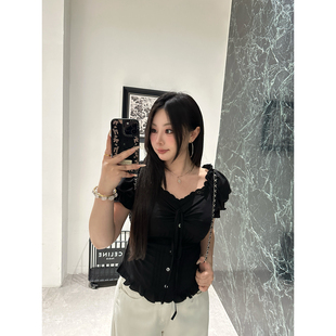 大小姐微胖大码“晚风织夏”法式蕾丝花边收腰上衣女夏泡泡袖衬衫