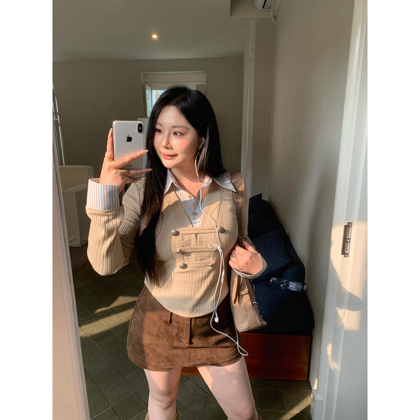 韩版假两件拼接衬衫修身上衣女秋
