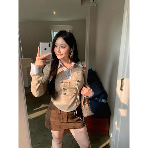韩版假两件拼接衬衫修身上衣女秋