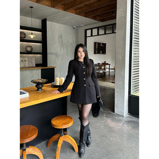 大小姐微胖大码“黑色轮廓”秋冬款韩版收腰中长款毛呢大衣外套女