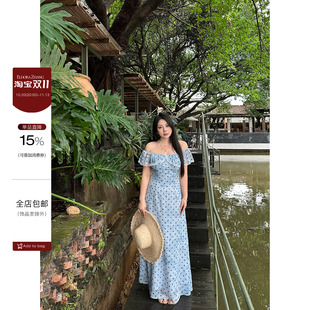 大小姐微胖大码“波点绮梦”法式度假风蕾丝花边波点一字肩连衣裙