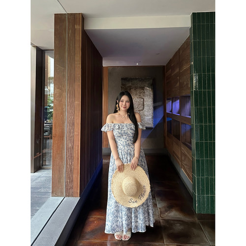 法式田园风一字肩抹胸碎花长裙