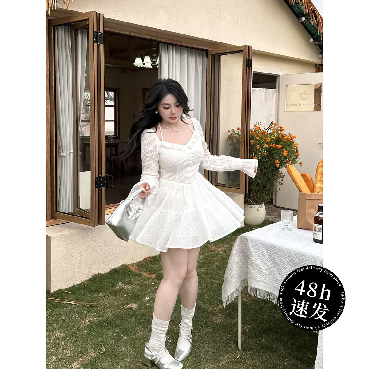 大小姐微胖大码“雪盐白巧”法式甜美方领网纱拼接A字收腰连衣裙