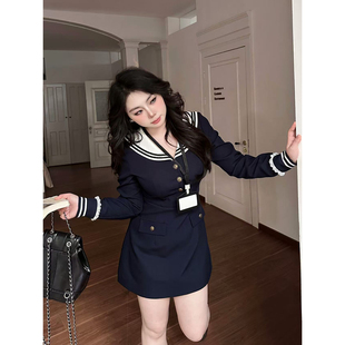 连衣裙 甜美学院风海军领收腰显瘦长袖 大小姐微胖大码 涵馆回忆