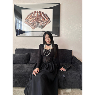 连衣裙设计感小黑裙 性感蕾丝拼接长袖 大小姐微胖大码 暗夜优雅