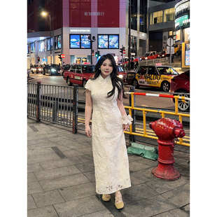 镂空蕾丝提花收腰旗袍连衣裙 新中式 大小姐微胖大码 月下山茶花